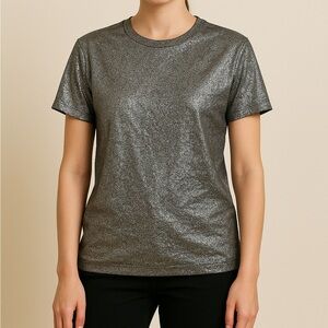 CEDRIC CHARLIER Metallic Silver Short‎ Sleeve Silk Blend Top